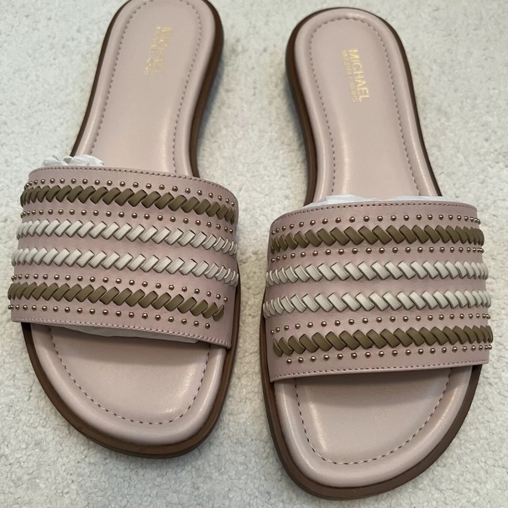 NIB Michael Kors Pink and Brown Braided leather Sandals size 8